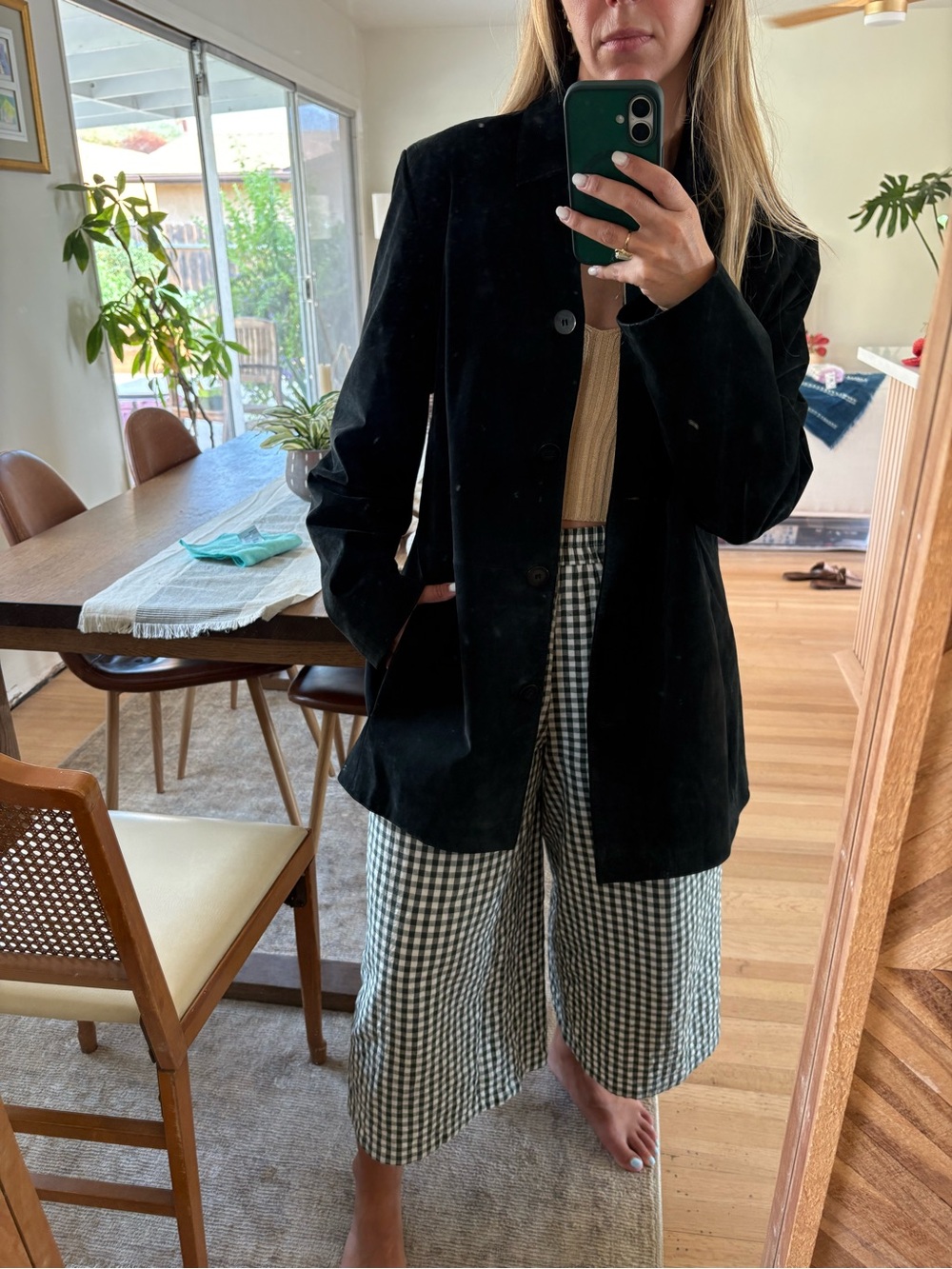 Black Genuine Suede Leather Women's Long Blazer Jacket